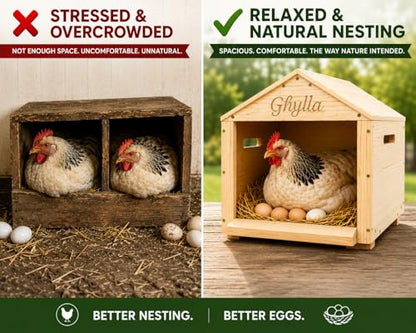 Chicken Nesting Box for Laying Eggs, Extra Large Wooden Hen Box, Solid Pine, Spacious & Comfortable, Ventilated Design, Easy Assembly, Wall or Ground Use