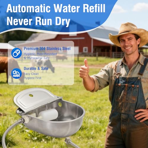 Automatic Livestock Water Bowl Float Valve Self-Filling Dog Goat Chicken | 304 Stainless Steel Animal Waterer Auto Refill, Horse Pig Cow Sheep Cat, Drainage, 3/4" GHT Hose & Mounting Bolts, Farm Ranch