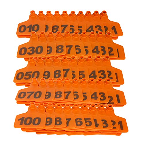100pcs Livestock Ear Tags,001-100 Identification Numbered Animal Ear Tag for Cows Cattle Goats Pigs (Orange)