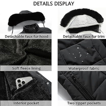 MOERDENG Women's Winter Puffer Coat Thicken Fleece Lined Down Jacket Waterproof Faux Fur Detachable Hooded Parka - color: Darkgrey, size: Large