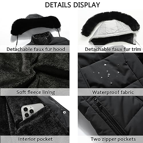 MOERDENG Women's Winter Puffer Coat Thicken Fleece Lined Down Jacket Waterproof Faux Fur Detachable Hooded Parka - color: Darkgrey, size: X-Large