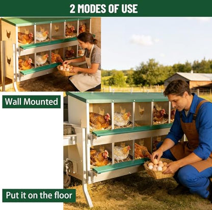 10-Compartment Chicken Nesting Box, Heavy Duty Galvanized Steel Poultry Nest Box, Wall Mount/Freestanding Design for Hens, Ducks, Backyard Homesteads & Farm Use, Green, 10 Mats &4 Eggs, with Stand - color: Green, size: 10 Room&Mat eggs