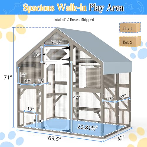 Ketive Cat Catio Outdoor Enclosure for Multiple Cats, Large Wooden Walk-in Cat House with Window Connection, 2 Condos, Platforms, Doors, and Weatherproof Roof Cover (69.5" L x 47" W x 71" H) - size: 69.5"L x 47.0"W x 71.0"H