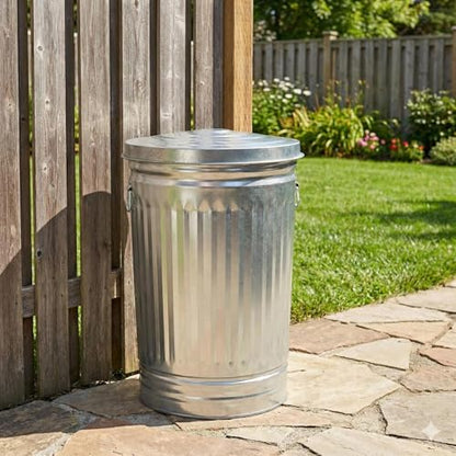 31 Gallon Galvanized Steel Trash Can with Lid, Heavy Duty, Rodent Proof, Weather Resistant, for Outdoor Garbage, Pet Food, Seed & Charcoal Storage