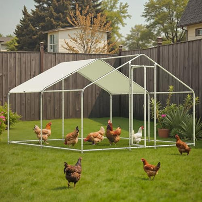 Large Metal Chicken Coop, 10'x10'x6.6' Walk-in Poultry Cage Outdoor Chicken Run Pen w/Waterproof & Anti-UV Cover, Hen House w/Security Lockable Door for Farm Backyard Duck Rabbit Cage Spire Roof - size: 120.0"L x 120.0"W x 79.0"H