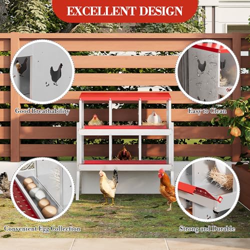 Chicken Nesting Box,6 Compartments Galvanized Steel Metal Chicken Laying Box with Roll Out Egg Collection,Wall Mount Chicken Nesting Boxes,Easy Egg Collection, Hen Roosting Boxes - color: Red, size: 6 Holes with Legs
