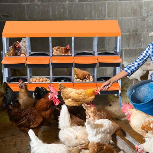 Chicken Nesting Boxes, 10 Hole Metal Chicken Laying Box with with Removable Trays and Roll Out Egg Collection for Chicken Coop, with Metal Bracket, Orange - color: Orange, size: 56.7"L x 17.5"W x 10.8"H