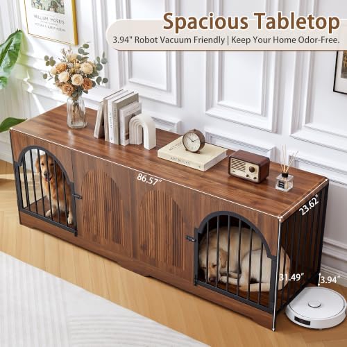 87" Extra Large Dog Crate TV Stand for 2 Dogs, Double Dog Crate with Removable Divider, Heavy Duty Wooden Dog Kennel with Arched Metal Doors & 4.3" Robot Vacuum Clearance, Ships in 2 Boxes (Walnut) - color: Walnut