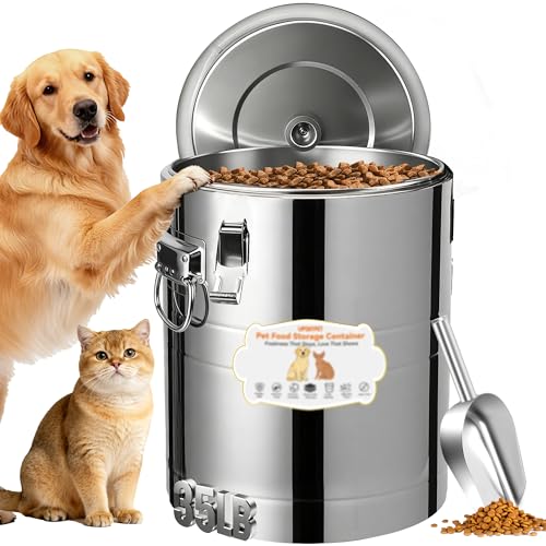 35lb Stainless Steel Dog Food Storage Container, Large Capacity Metal Pet Food Storage Container with Scoop, Airtight Dog & Cat Food Treat Bin for Dry Food Keep Fresh for Multi-Pet Households - size: 35lb