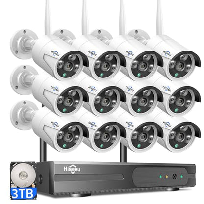 Hiseeu Wireless Pro WiFi Security Camera System, 16CH 4K NVR Kit, Plug-in Powered 12Pcs 5MP CCTV Home Security Camera System for Indoor/Outdoor, Night Vision, Waterproof, Motion Detection, 3TB HDD - color: White-1