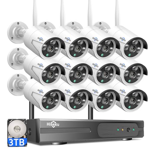 Hiseeu Wireless Pro WiFi Security Camera System, 16CH 4K NVR Kit, Plug-in Powered 12Pcs 5MP CCTV Home Security Camera System for Indoor/Outdoor, Night Vision, Waterproof, Motion Detection, 3TB HDD - color: White-1