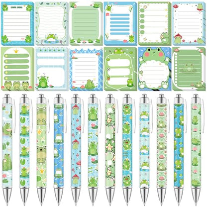 Dispowreath 24 Pcs Frog Sticky Notes with Pens Christmas Themed Gifts Notepad Cute Memo Notes Pads Self Adhesive Black Ink Ballpoint Pen for Frog Lover Gifts Office School Students Teacher Supplies - style: Frog