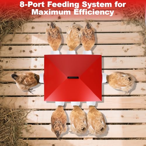 50Lb Automatic Chicken Feeder with Window 10 Port No Waste Rust-Proof Galvanized Steel with Locking Lid & Adjustable Height Legs Waterproof Portable Poultry Feeder for Chickens,Ducks,Geese - size: 50LB