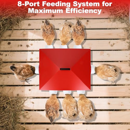 50Lb Automatic Chicken Feeder with Window 10 Port No Waste Rust-Proof Galvanized Steel with Locking Lid & Adjustable Height Legs Waterproof Portable Poultry Feeder for Chickens,Ducks,Geese