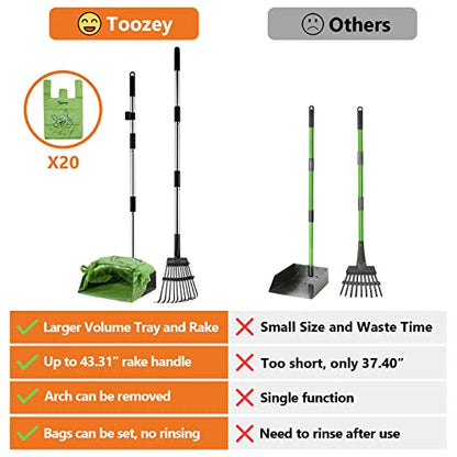 Toozey Dog Pooper Scooper for Large Dogs — Long Handle Poop Scooper for Yard Use, Extra Large Metal Tray & Bag Holder | Easy Cleanup for All Dog Sizes with 20 Bags - size: 43.31" Handle Rake
