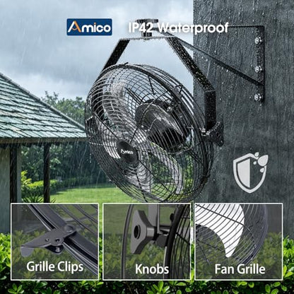 Amico 16 Inch Wall Mount Fan with Remote, 9-Speed Industrial Metal Fan, High Velocity Wall Fan with Brushless DC Motor, 3000 CFM Commercial Fans for Garage, Greenhouse, Warehouse, shop, Patio, Outdoor - size: 16 inch