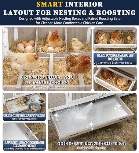 Gowoodhut Outdoor Chicken Coop Wooden Hen House for 2–4 Chickens Backyard Weatherproof Poultry Cage with Raised Floor, 6 Nesting Boxes, 3 Perches & Easy-Clean Removable Tray - size: 61.1"L x 33.5"W x 40.2"H