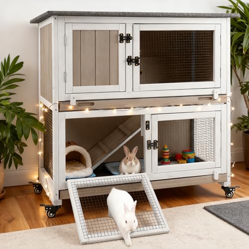 Gowoodhut 36" L Rabbit Hutch Indoor Wooden 2 Story Bunny Hutch Rabbit Cage Outdoor Bunny Cage on 4 Metal Wheels and 2 Deeper Pull Out Trays, Ramp, Guinea Pig Pet House for Small Animals, Grey - size: 36.0"L x 17.7"W x 36.2"H