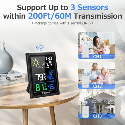 Geevon Indoor Outdoor Thermometer Wireless Weather Station with Color Display, Digital Hygrometer Temperature Humidity Monitor with Alarm Clock and Backlight