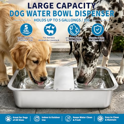 5 Gallon Automatic Dog Water Dispenser, Large Dog Water Bowl Dispenser for Outdoor, Stainless Steel Pet Bowl for Waterer Auto Fill Pet Waterer for Livestock Dogs Cats Chicken Fit 3/4'' GHT Faucet - size: 5 Gallons