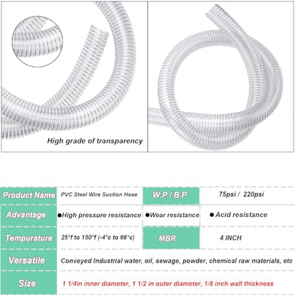 1-1/4"id-50ft PVC Reinforced Tubing Steel Wire Suction Flexible Hose Vinyl Tubing Heavy Duty PVC Vacuum Hose Drain Fuel Oil Gas Water for Marine Bilge Pump Pond Spa - size: 1-1/4"ID, style: 50 feet