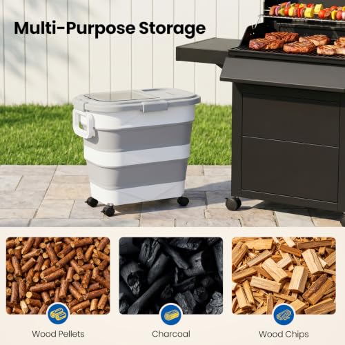 Wood Pellet Storage Container 30-40LB, Airtight Bin with Locking Lid & Clear Window, Collapsible Pellet Bucket with Wheels, Scoop & Labels, Light Gray - color: Light Gray-L
