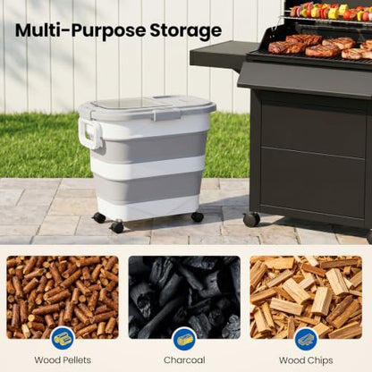 Wood Pellet Storage Container 30-40LB, Airtight Bin with Locking Lid & Clear Window, Collapsible Pellet Bucket with Wheels, Scoop & Labels, Light Gray - color: Light Gray-L