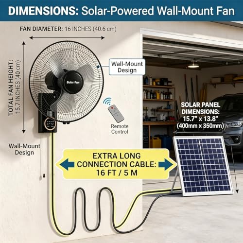 16" Wall Mounted Fans, Solar Barn Fan for Chicken Coop and Greenhouse, Zero Electricity, Solar Powered Fans for Outside, Solar Panel, Power Adapter,16ft Extension Cable AC/Solar Dual Power(2pcs) - size: 2pcs