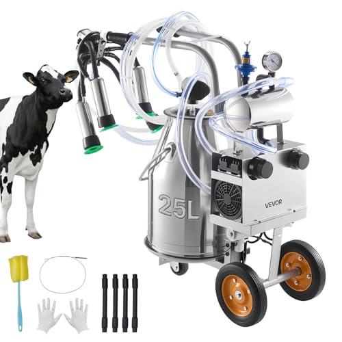 VEVOR Electric Cow Milking Machine, 6.6 Gal / 25 L 304 Stainless Steel Bucket, Food-Grade Teat Cups and Silicone Hose, Strong Suction, Vacuum Pulsation, Electric Milker Machine with Wheels for Cow - size: 25L