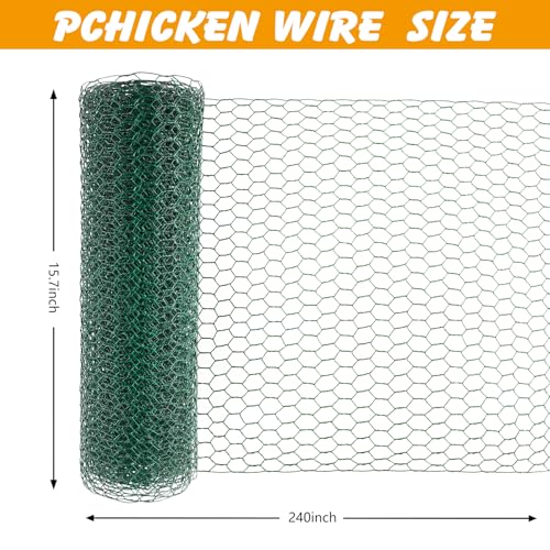 Ondware Chicken Wire, 15.7 x 240 Inches, Green Durable PVC-Coated Iron Mesh for DIY Garden Fencing, Pet Enclosures, Craft Projects - color: Green(iron)