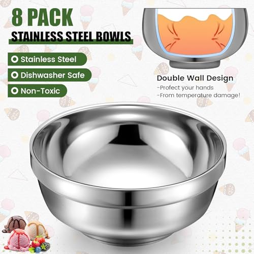 Funnymoom 8 Pack 34 oz Stainless Steel Bowls Double Walled Insulated Soup Ice Cream Metal Mixing Nesting Bowls for Serving Soup Rice Cereal - size: 34 oz
