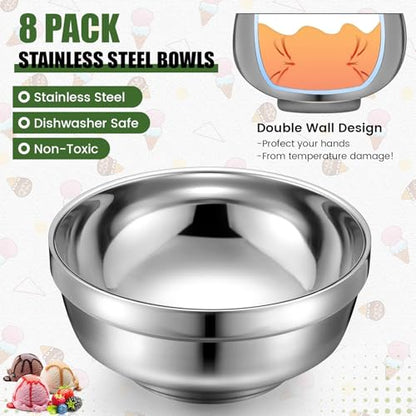 Funnymoom 8 Pack 34 oz Stainless Steel Bowls Double Walled Insulated Soup Ice Cream Metal Mixing Nesting Bowls for Serving Soup Rice Cereal - size: 34 oz
