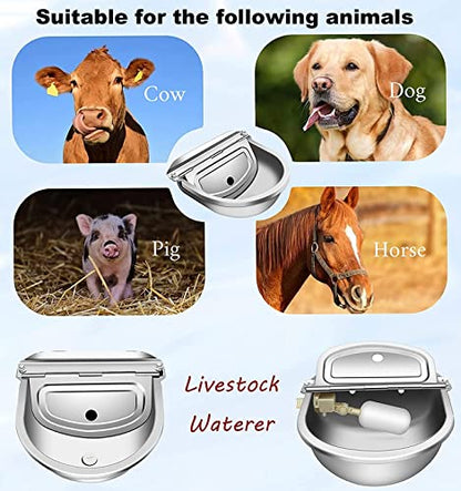 Automatic Animal Drinking Water Bowl, Stainless Steel Automatic Water Dispenser for Dogs Horses Goats, Livestock Waterer Water Trough with 2 Float Valves, Hose