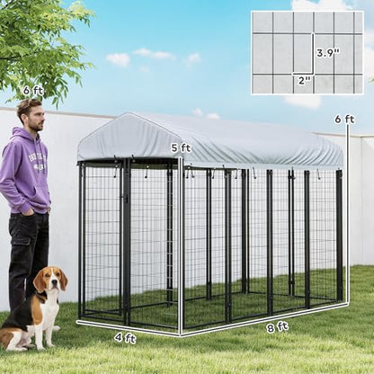 PawHut Outdoor Dog Kennel with Roof, 8' x 4' x 6' Heavy Duty Welded Wire Dog Playpen Enclosure with Escape-Proof Lock, UV-Resistant & Waterproof Cover, for Medium Dogs, Chickens, Ducks, Silver - size: 96.0"L x 48.0"W x 72.0"H, style: Single Room