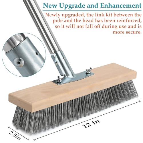 Stainless Steel Deck Scrub Brush with Long Handle, Outdoor Broom for Concrete, Deck, Cement Floor Cleaning, 53" Long Handled Heavy Duty Floor Scrubber