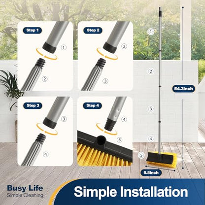 Yocada Deck Brush with 4-Section Extendable Handle Floor Scrub Brush Soft &Medium Bristles Non-Slip Grip for Outdoor Deck Patio Bathroom Garage Concrete Cleaning 54.3 Inch