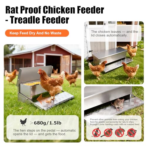 Chicken Feeder No Waste Rat Proof Automatic Treadle Feeder 15 Lbs | Poultry Feeder,Stainless Steel Material,Heavy Duty,With Lid & Legs,Weatherproof,Rainproof,Used for Outdoor & Chicken Coop