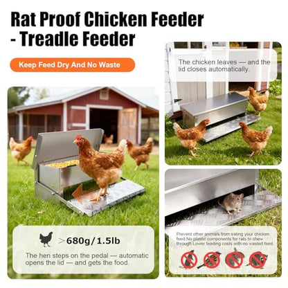 Chicken Feeder No Waste Rat Proof Automatic Treadle Feeder 15 Lbs | Poultry Feeder,Stainless Steel Material,Heavy Duty,With Lid & Legs,Weatherproof,Rainproof,Used for Outdoor & Chicken Coop