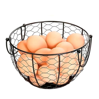 Wire Egg Basket Fruit Holder with Handle Kitchen Counter Collecting Basket | Vintage Metal Container Round Rustic Fruit Basket