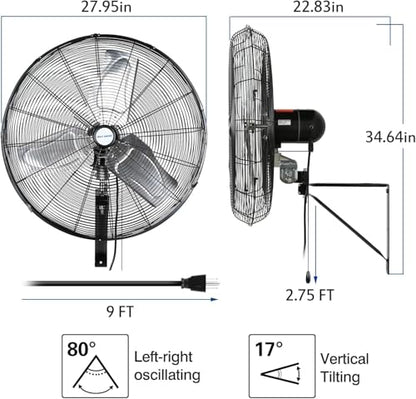 BILT HARD 24in. 6500 CFM High Velocity Wall Mounted Fan, 3-Speed Heavy Duty Shop Fan, Industrial Oscillating Fan for Commercial, Garage, Factory, Warehouse and Jobsite Use - size: 24 inch