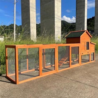 122" Large Chicken Coop Wooden Backyard Hen House - Indoor Outdoor Poultry Pet Hutch Garden Backyard Cage 2 Story Poultry Cage with Run, Chicken Nesting Box, Pull Out Trays and Anti-Slip Asphalt Ramp - color: Natural