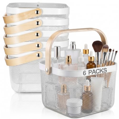 Roshtia Small White Metal Wire Storage Basket with Wooden Handle, Farmhouse Decorative Organizer for Bathroom Counter, Nursery Shelf, Pantry Storage, Gift Basket Container 8.46 Inch - color: White, size: 8.46 x 8.46 x 6.5 Inch