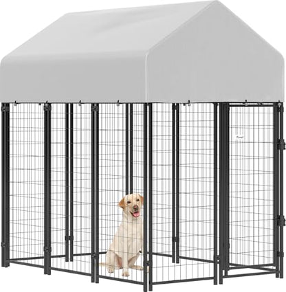 PawHut Outdoor Dog Kennel with Roof, 6' x 4' x 6' Heavy Duty Welded Wire Dog Playpen Enclosure with Escape-Proof Lock, UV-Resistant & Waterproof Cover, for Large Dogs, Chickens, Ducks, Silver - size: 48.0"L x 72.0"W x 72.0"H, style: Single Room