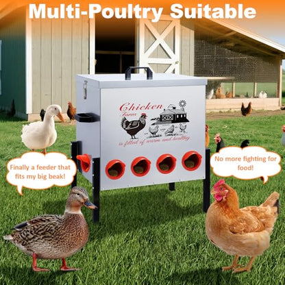 100LB Large Automatic Chicken Feeder–10 Feeding Ports No-Waste Galvanized Metal Chicken Feeder with Adjustable Legs & Locking Lid Poultry Feeder for Chickens,Geese,Ducks,Waterproof - color: 100 LB