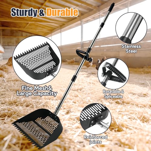 13.5" Wide Chicken Poop Scooper, 2-in-1 Chicken Poop Scoop Rake, Large Capacity Stainless Steel Scoop, Adjustable Handle, for Chicken Coop, Farm & Pet Waste Cleanup - color: 13.5" Wide, size: 13.5" Wide