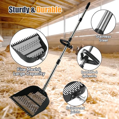 13.5" Wide Chicken Poop Scooper, 2-in-1 Chicken Poop Scoop Rake, Large Capacity Stainless Steel Scoop, Adjustable Handle, for Chicken Coop, Farm & Pet Waste Cleanup - color: 13.5" Wide, size: 13.5" Wide