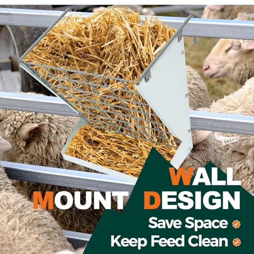 KUAFU Hay Feeder 2 in 1 Hay Rack Wall Mount Goat Feeders，Heavy Duty Galvanized Steel Hanging Feeders for Farm Livestock Small Goat & Sheep Grain Indoor Outdoor Uses | Galvanized Steel Hanging Feeders for Farm Livestock Small Goat & Sheep Grain Indoor Outd