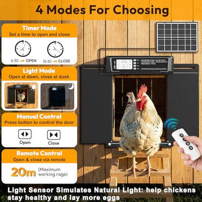 INNOLAND Large Size Automatic Chicken Coop Door Solar Powered - Timer/Manual Mode, Solar Chicken Coop Door Anti-Pinch, Aluminum Alloy Chicken Door | 20M Remote Control | Higher Battery Capacity
