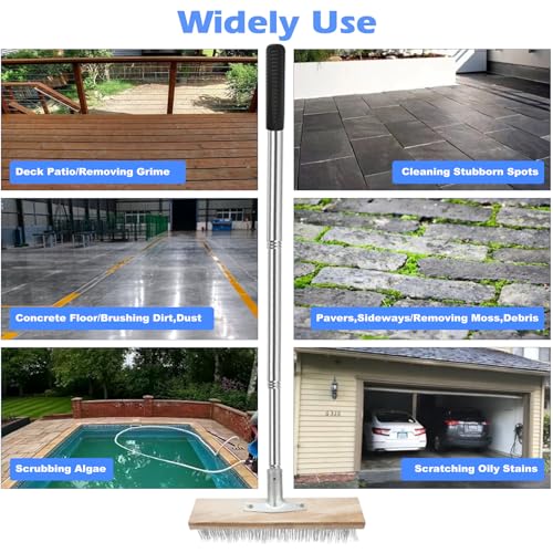 Floor Scrub Brush, Deck Brushes for Scrubbing Heavy Duty, Concrete Scrubber Outdoor Broom, Metal Wire Pool Brush Stainless Steel, Garage Patio Gunite Tile Algae Moss Cleaning Tool Long Handle
