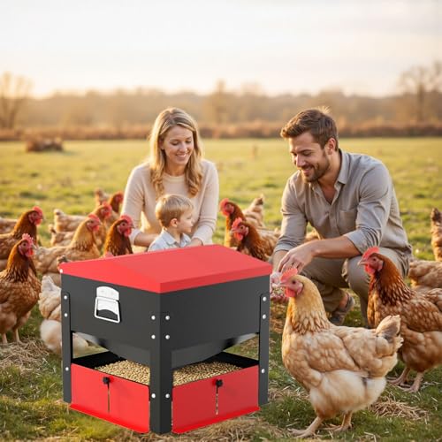 80lbs Automatic Chicken Feeder, Heavy Duty Galvanized Steel Poultry Feeder, Weatherproof & Secure-Lid for Outdoor Use, No Waste & Rodent-Proof for Chickens, Ducks, Turkeys - color: 80lbs-Red